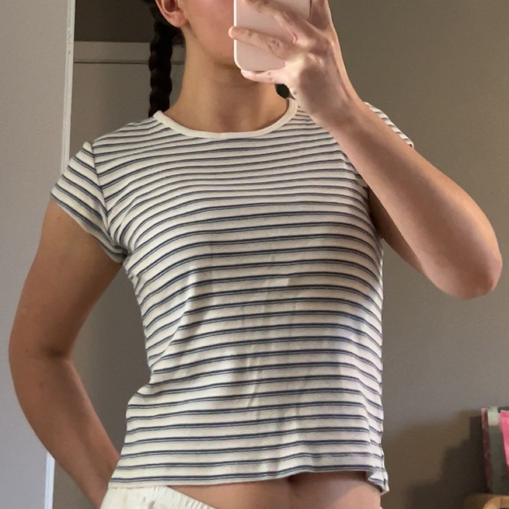 brandy melville white blue and pink striped t shirt